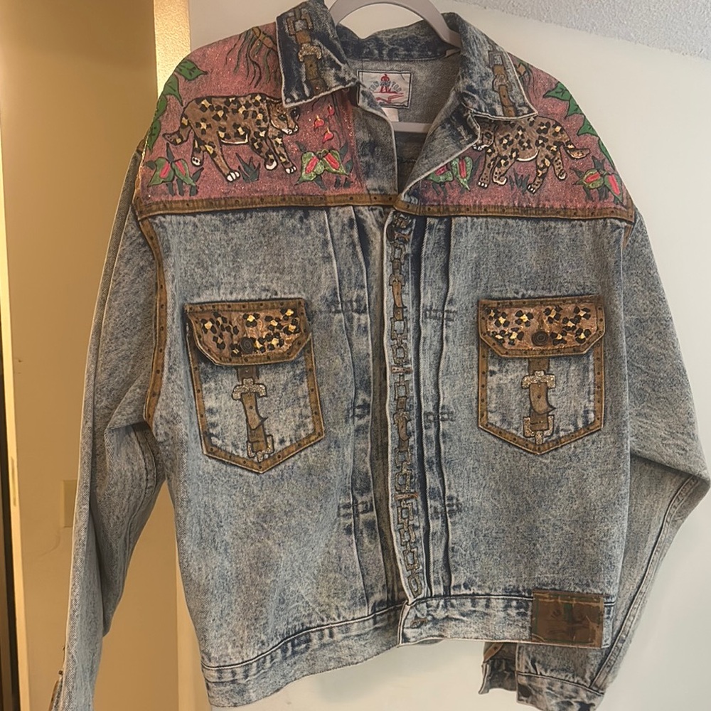 Hand-Painted Denim Jacket with Jungle Scene